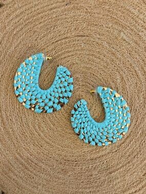 Turquoise Woven Hoop Earrings with Gold Accents - Women Jewelry